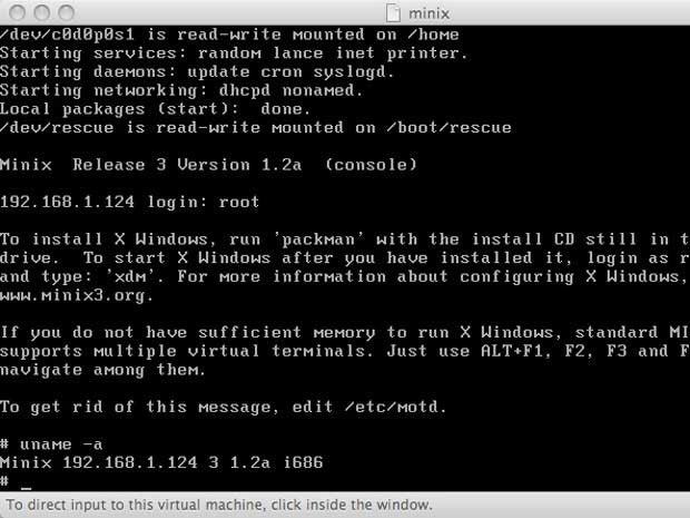 在Mac上运行VMWare Fusion的minix3的截图。
