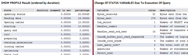 Split view of various SQLyog profile data