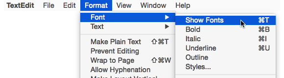 textedit format font show fonts