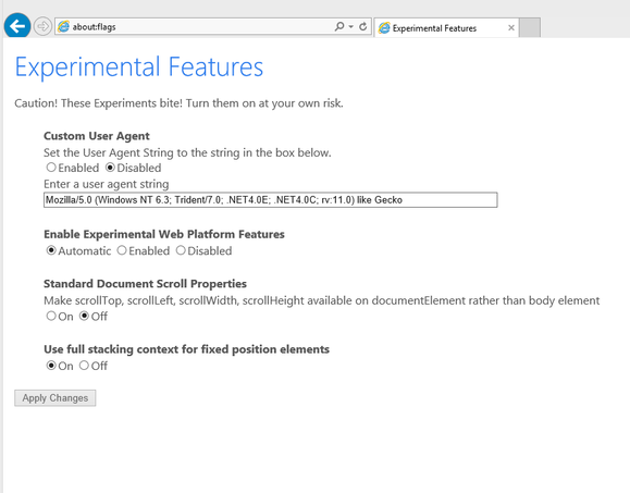 windows10 ie11 experimental features