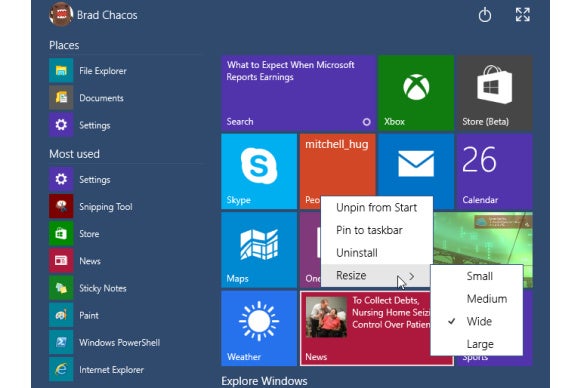 windows 10 start menu customize