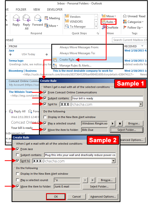 create a rule in outlook to move emails to folder