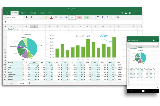The touch-centric Excel for Windows 10.