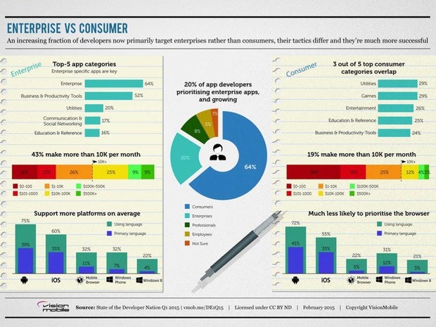 Infographic showing the breakdown of mobile developers targeting enterprise vs consumer
