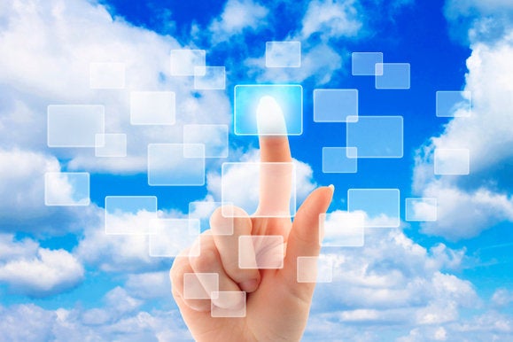 Woman's hand with cloud background pointing to virtual windows