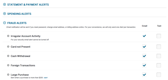 amex web site fraud settings