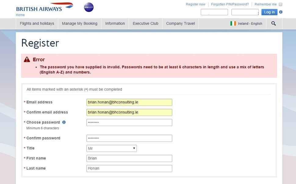 British Airways Password Requirements