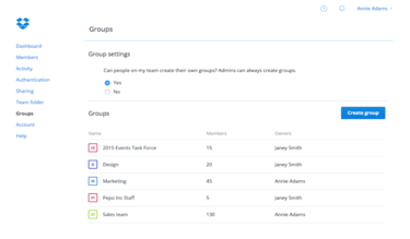 Dropbox for Business groups feature screenshot