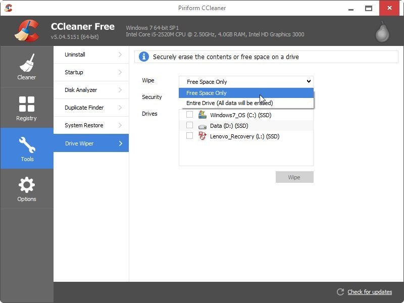 ccleaner wipe free space meaning