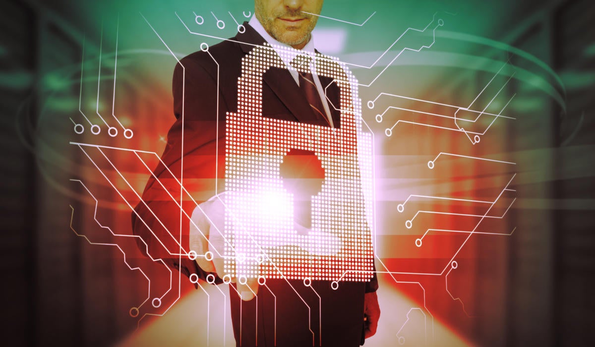 Business man touching a futuristic lock and circuit board interface.