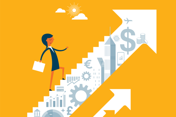 A business woman climbs financial stairs of growth and development.
