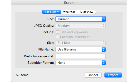 iphoto export dialog