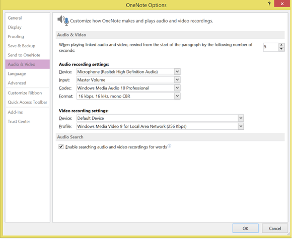 onenote audio video settings