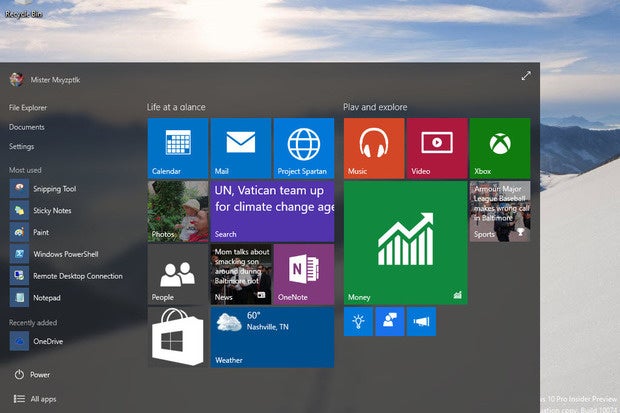 Start Menu: Windows 10 Build 10074