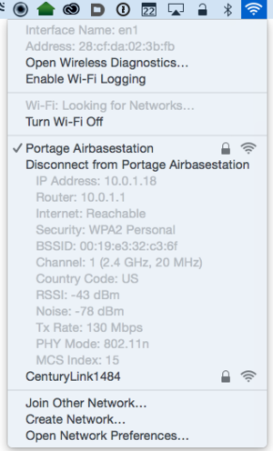 OS X Wi-Fi menu with the Option key pressed