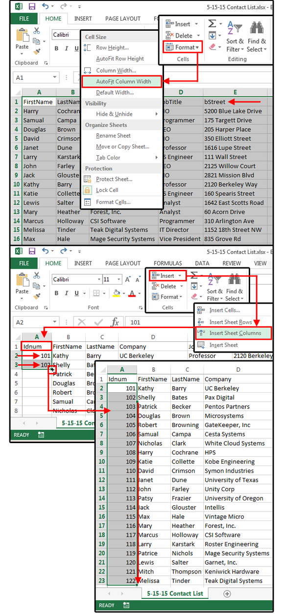 3 adjust column widths insert column add id numbers