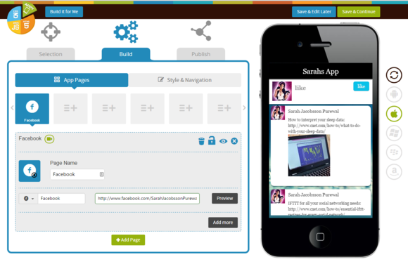 appypie step 2 building app add pages facebook preview
