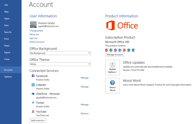 Word 2013 cheat sheet - account info