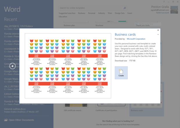 Word 2013 cheat sheet - choosing biz cards template