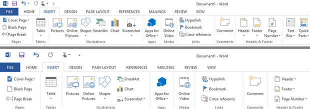 Word 2013 cheat sheet - comparing mouse and touch interfaces