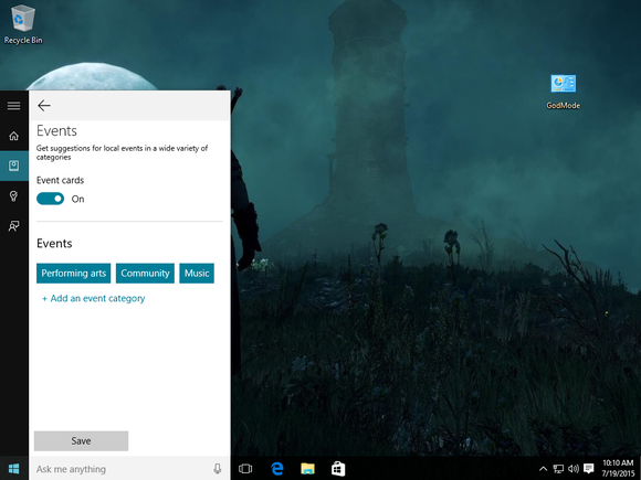 windows 10 cortana events