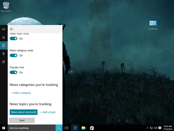 windows 10 cortana news topics