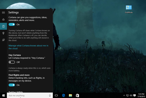 Настройки на Windows 10 Cortana