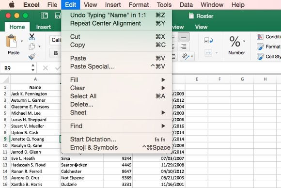 excel for mac commands