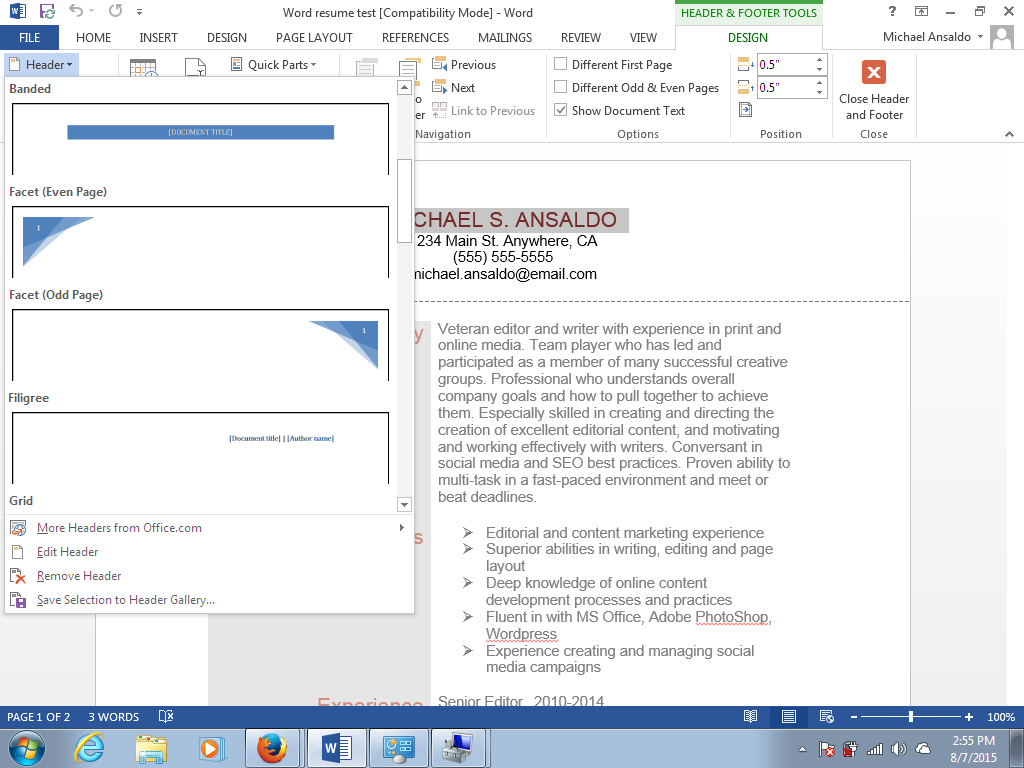 how to add headers to microsoft word 2007 resume template