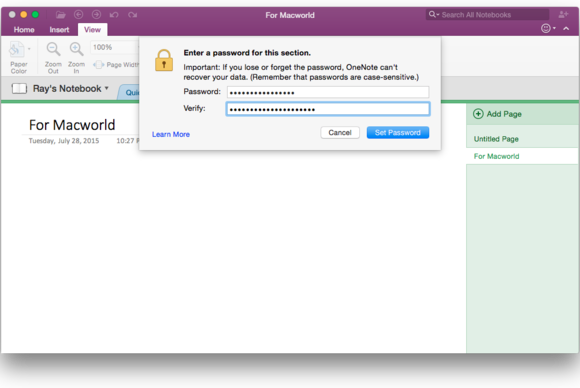 Office 2016 for Mac: OneNote password