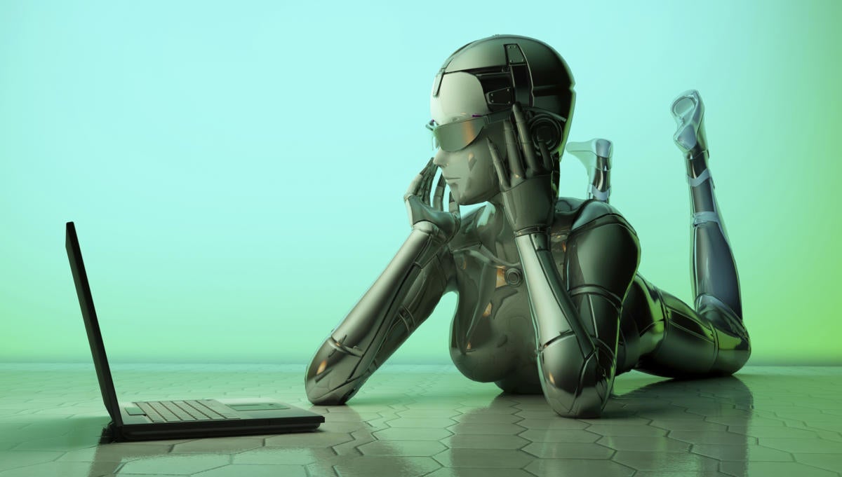 artificial intelligence female robot at laptop