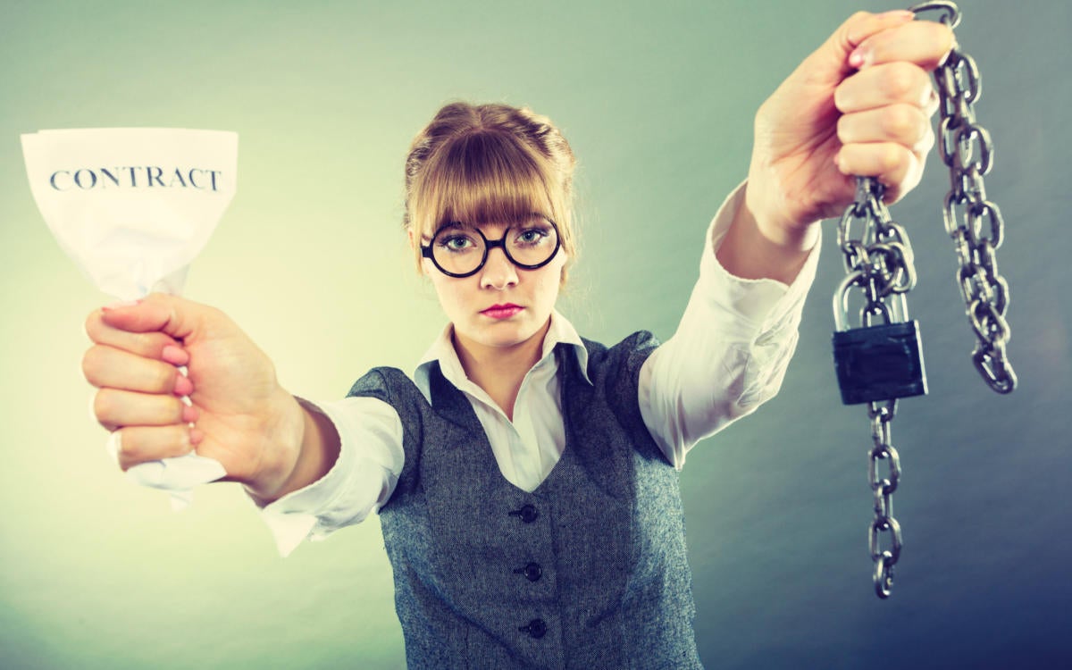 young woman holding contract and broken chain