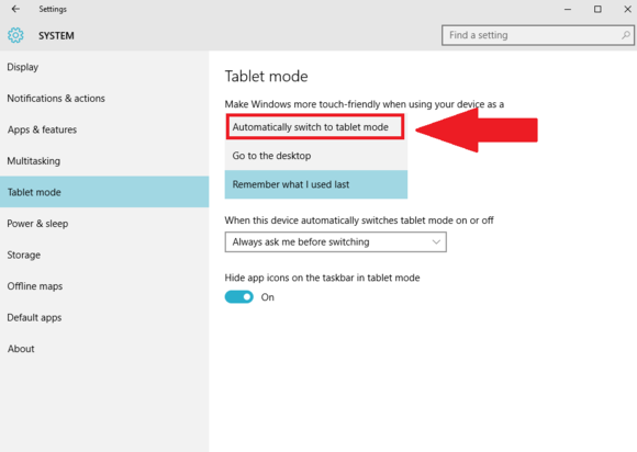 Tryb tabletu Windows 10 Ustawienia