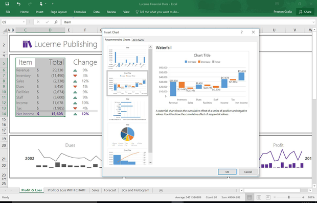 Excel 2016 - waterfall chart