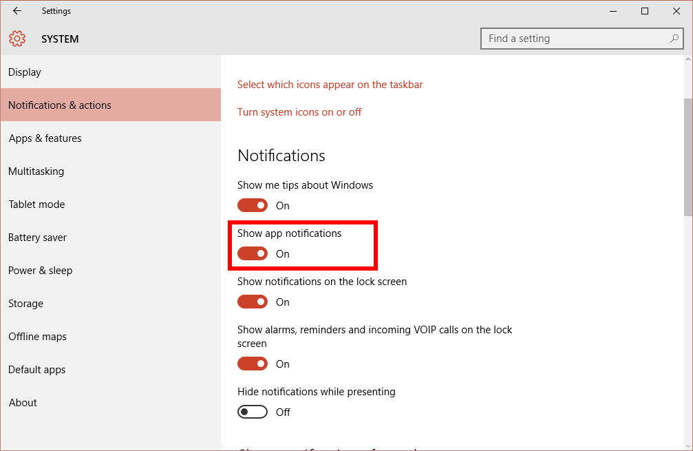 activate windows notification on screen