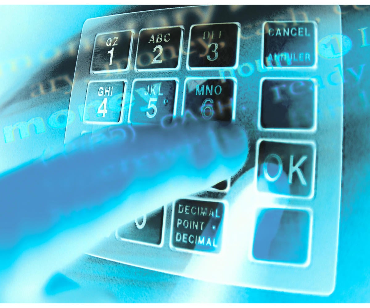 Glowing blue montage of hand keying in password at ATM
