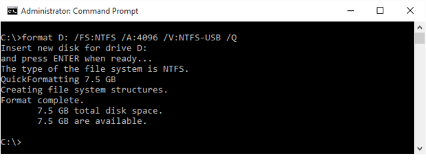 command prompt format drive ntfs