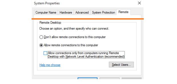 uncheck allow connections only from computers with nla