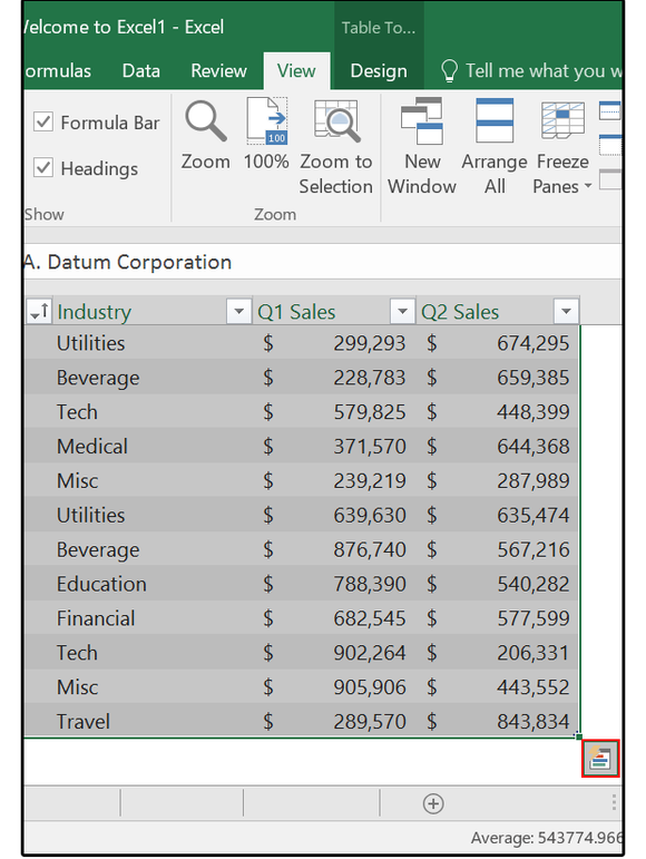 how to make the quick analysis button show up on excel