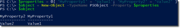 $object = New-Object –TypeName PSObject –Property $properties