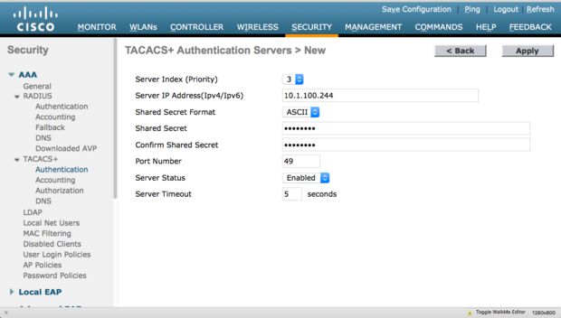 WLC TACACS+ Authentication Server 