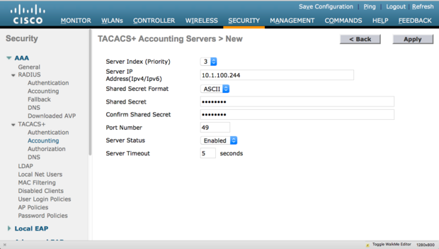 WLC TACACS+ Accounting server