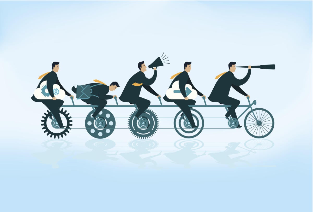 Illustration of five business people riding a bicycle