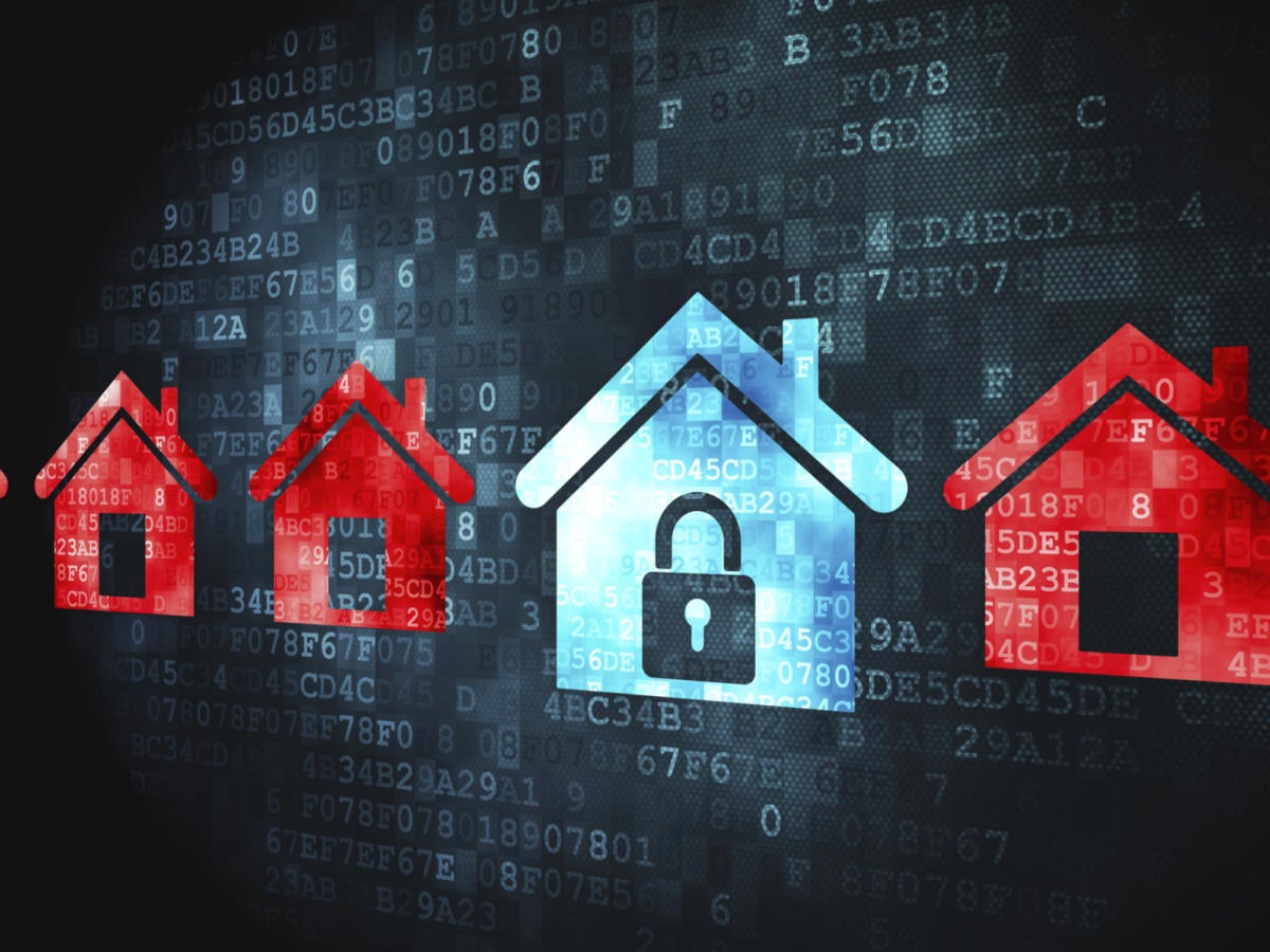 row of houses icons on computer screen with security locks
