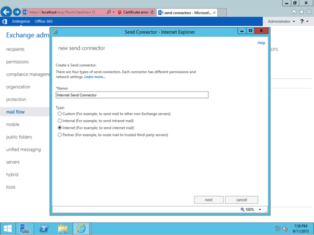 Exchange Settings: Creating a new send connector