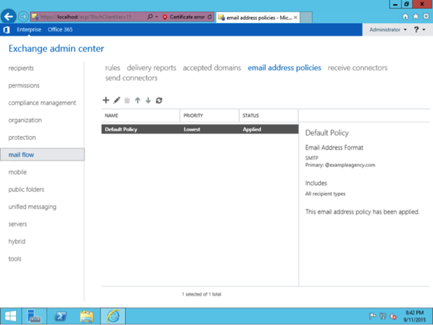 Exchange Settings: Accepted domains and email address policies