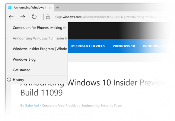 Microsoft edge history windows 10 build 11099