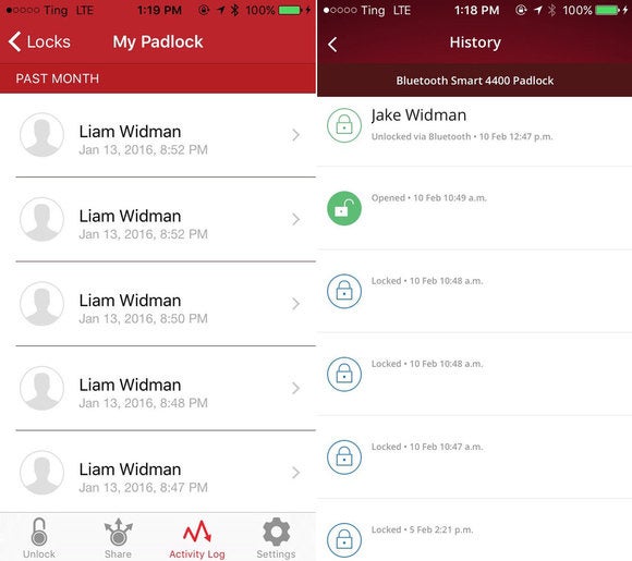 LockSmart activity history