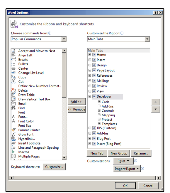 screen 01 select file options customize ribbon developer
