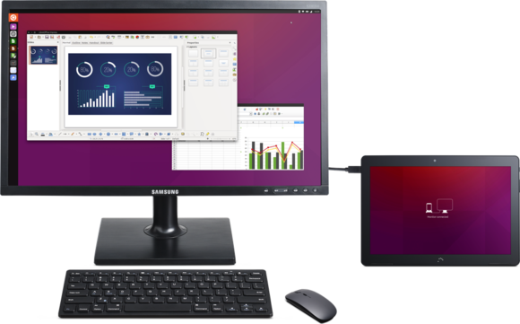 An Ubuntu tablet connected to a larger display